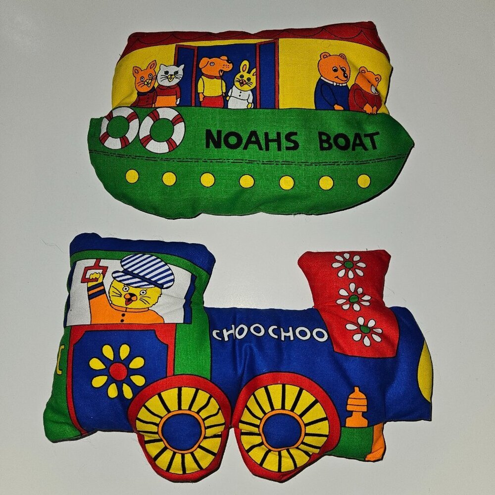 2 VTG Richard Scarry Plush Pillow Lot Nursery Decor Noah's Boat ChooChoo Train
